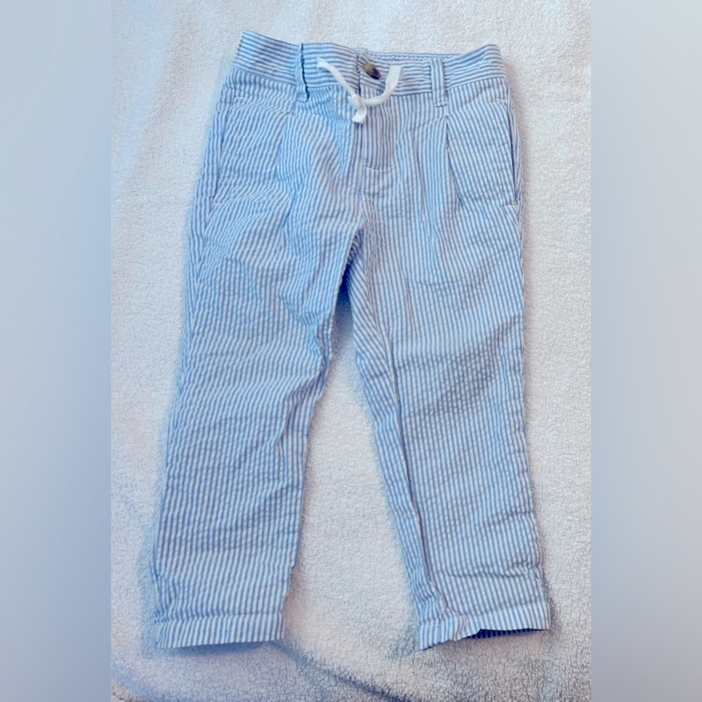 2x 2T Janie and Jack pants; 2T blue and white seersucker and 2T khaki anchor